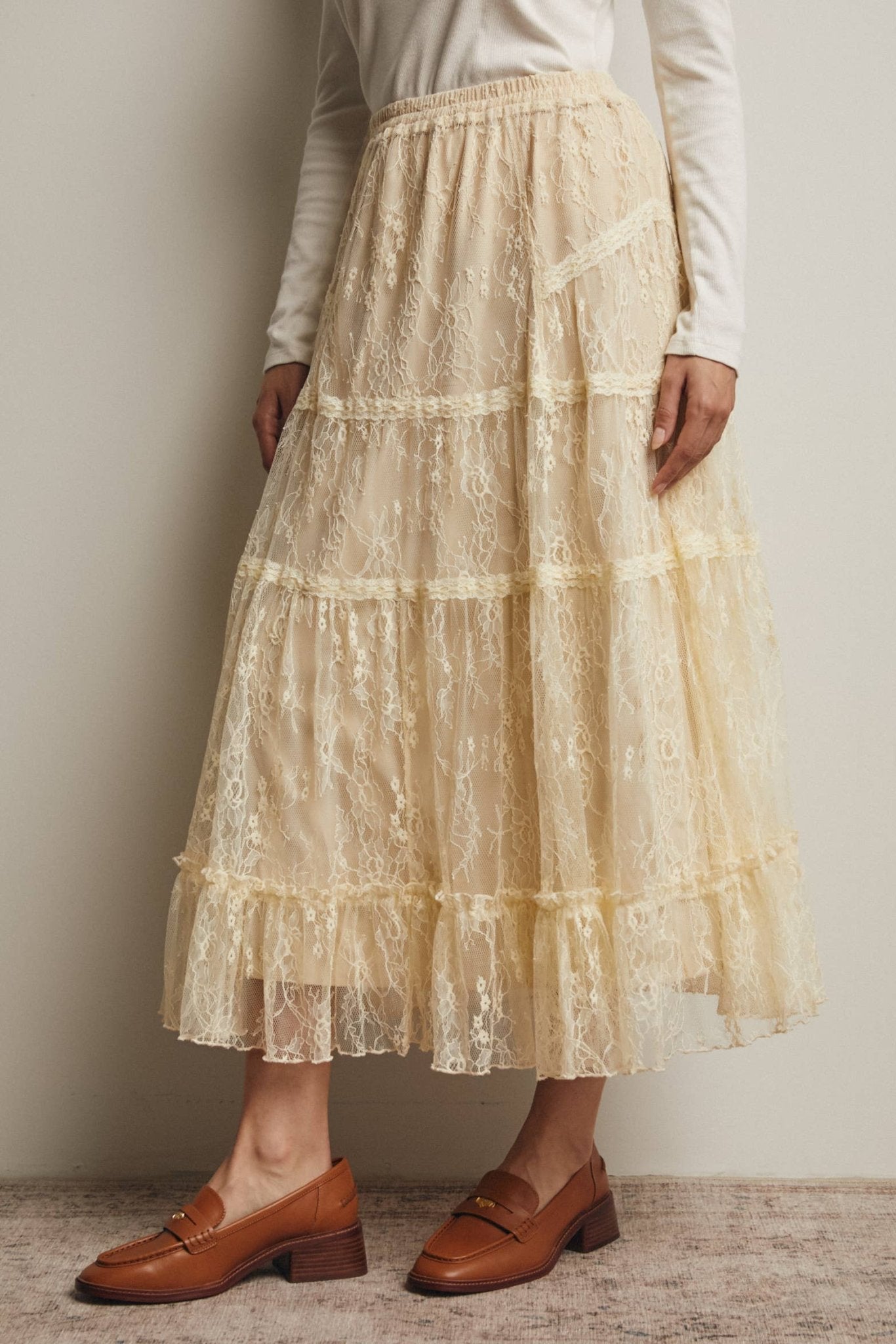 Ecru Tiered Lace Midi Skirt - Purpose + Passion Boutique