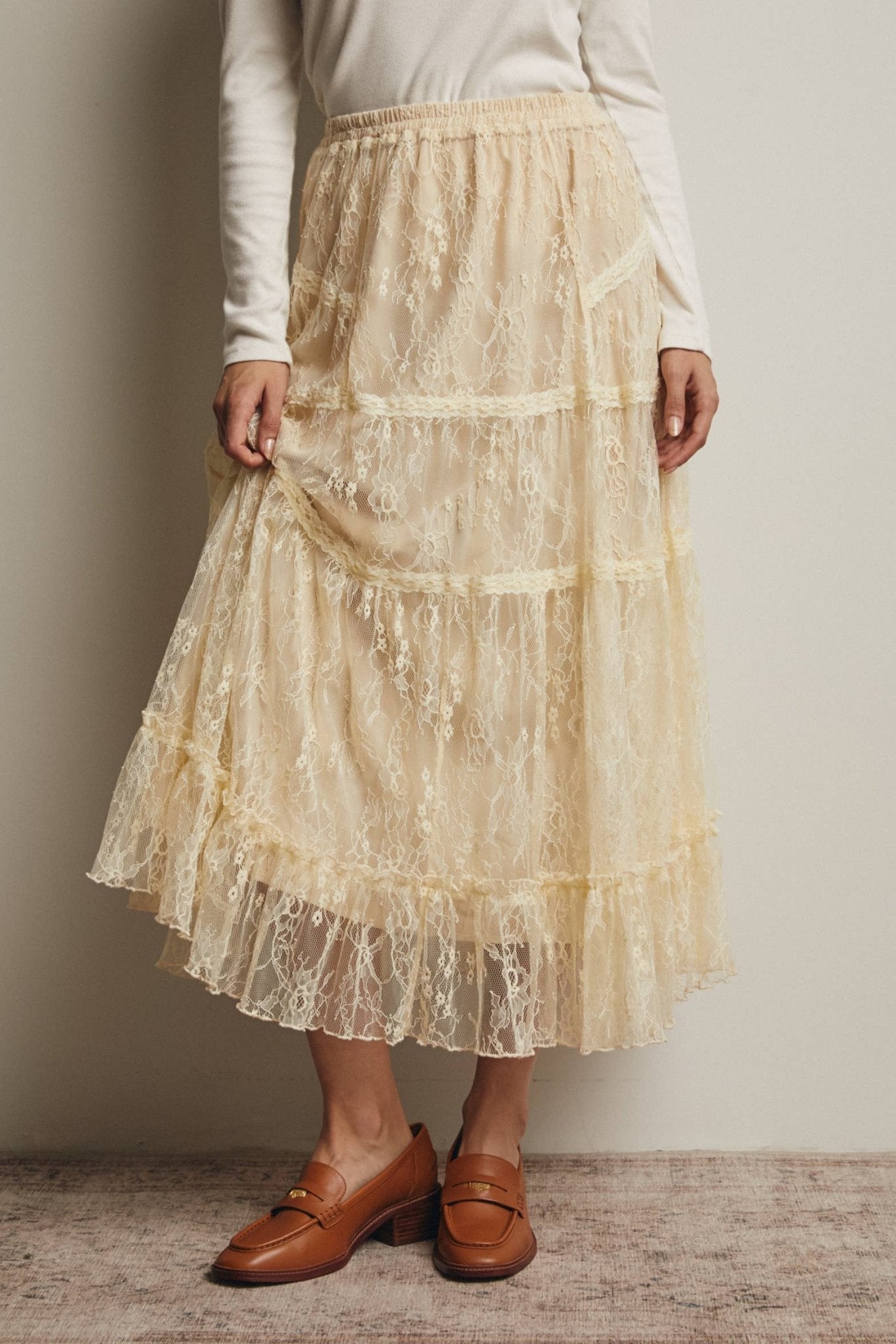 Ecru Tiered Lace Midi Skirt – Purpose + Passion Boutique