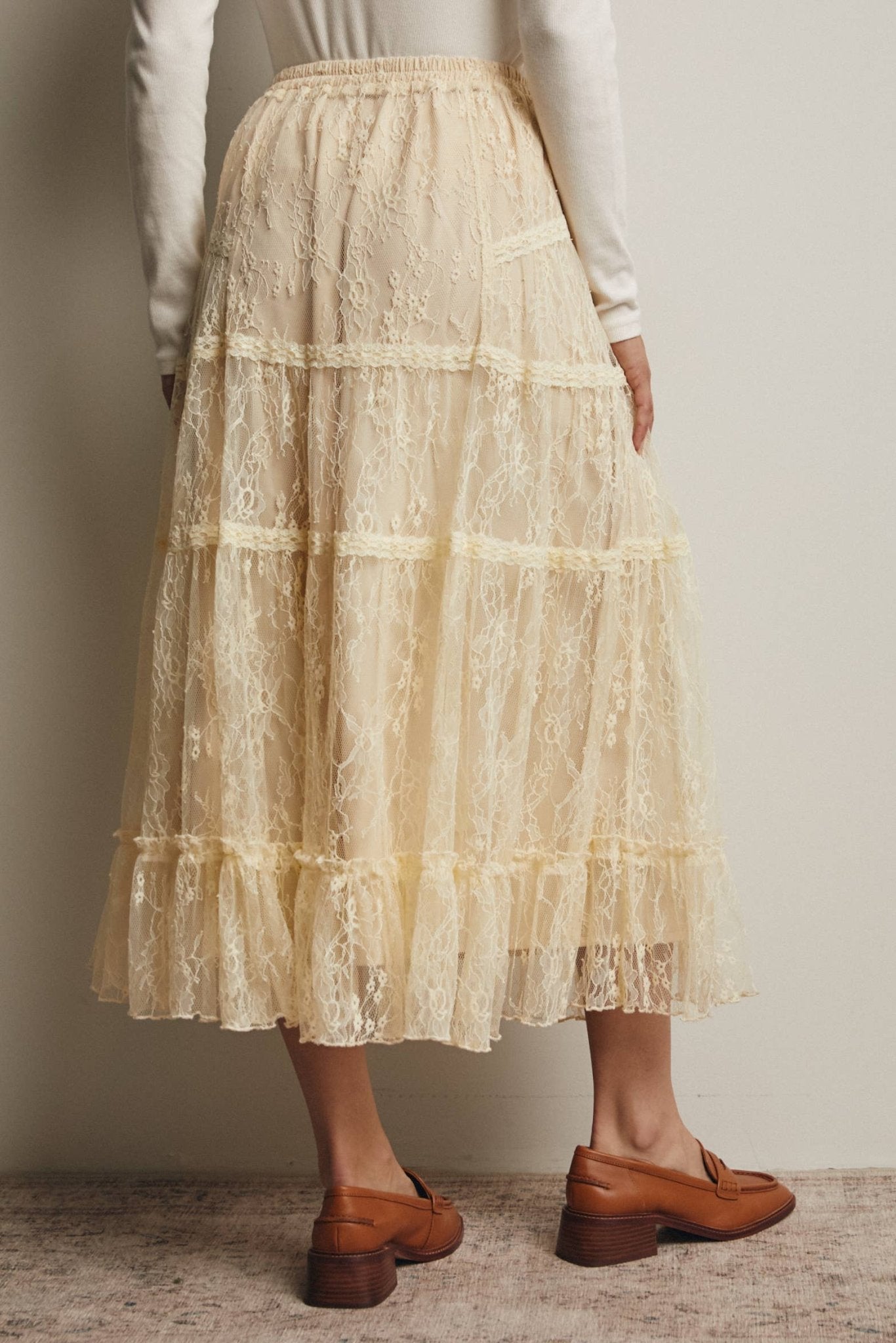 Ecru Tiered Lace Midi Skirt - Purpose + Passion Boutique