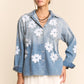 Washed Denim Flower Embroider Button Front Shirt