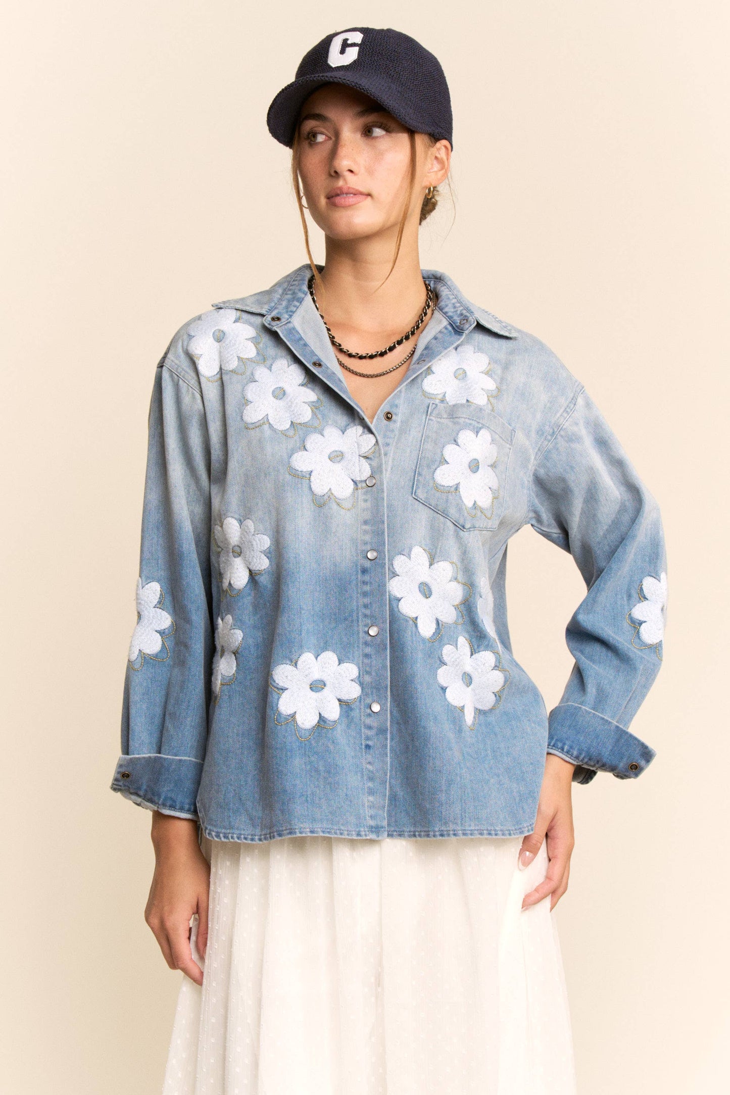 Washed Denim Flower Embroider Button Front Shirt