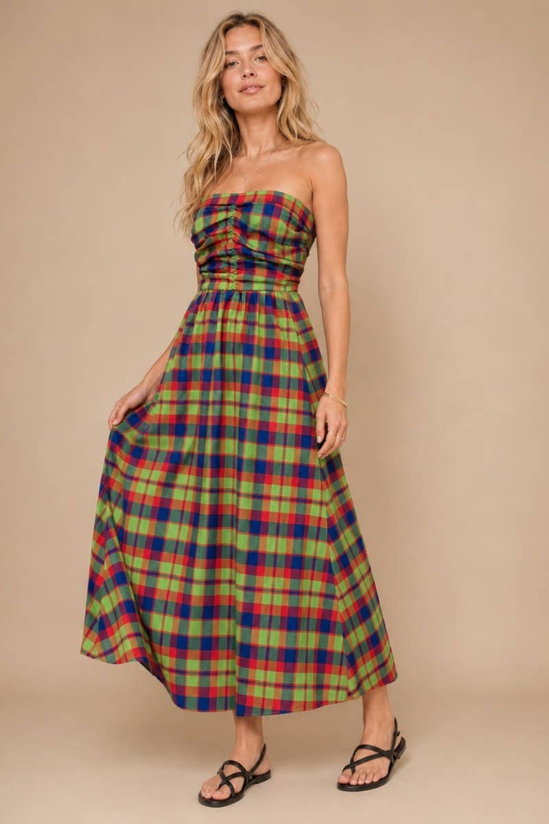 Apple Blues Plaid Strapless Maxi Dress