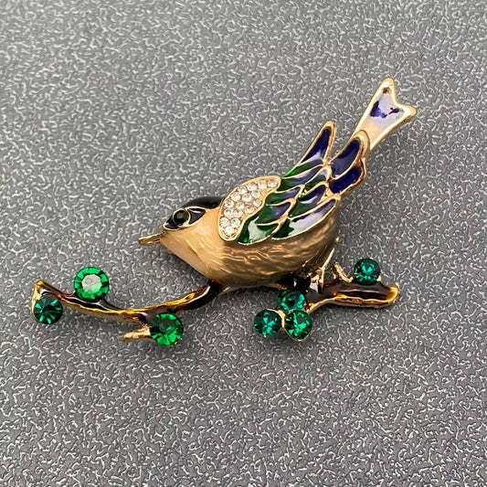 Magpie Standing On A Branch Enamel Brooch