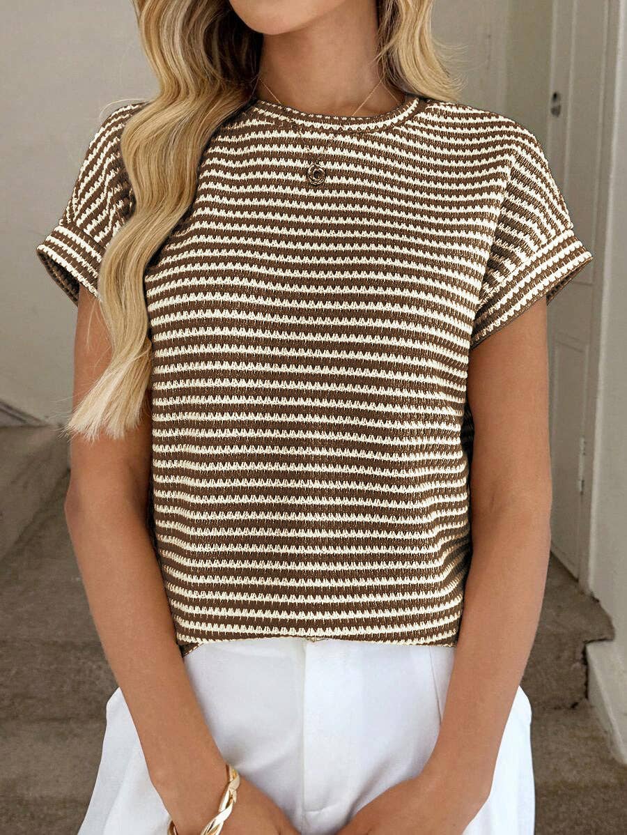 Striped Knit Short Sleeve Pullover