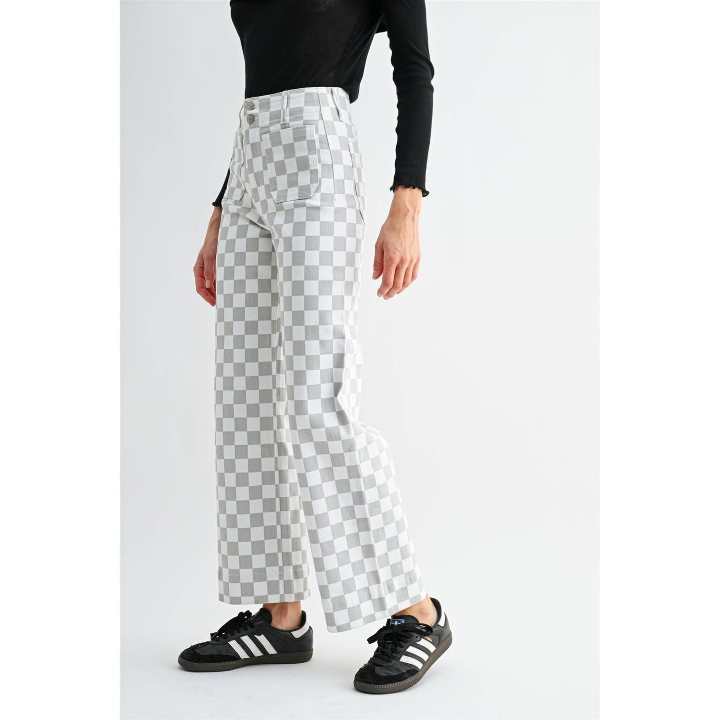 Grey Chess Print High Rise Wide Leg Ankle Pants