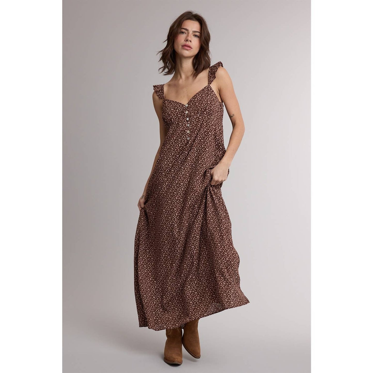 Espresso/Rose Floral Ruffle Strap Midi Dress