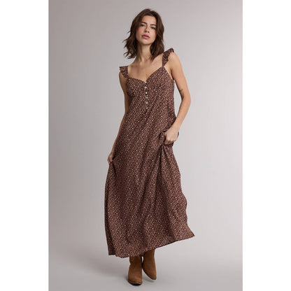 Espresso/Rose Floral Ruffle Strap Midi Dress