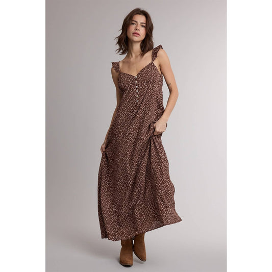 Espresso/Rose Floral Ruffle Strap Midi Dress