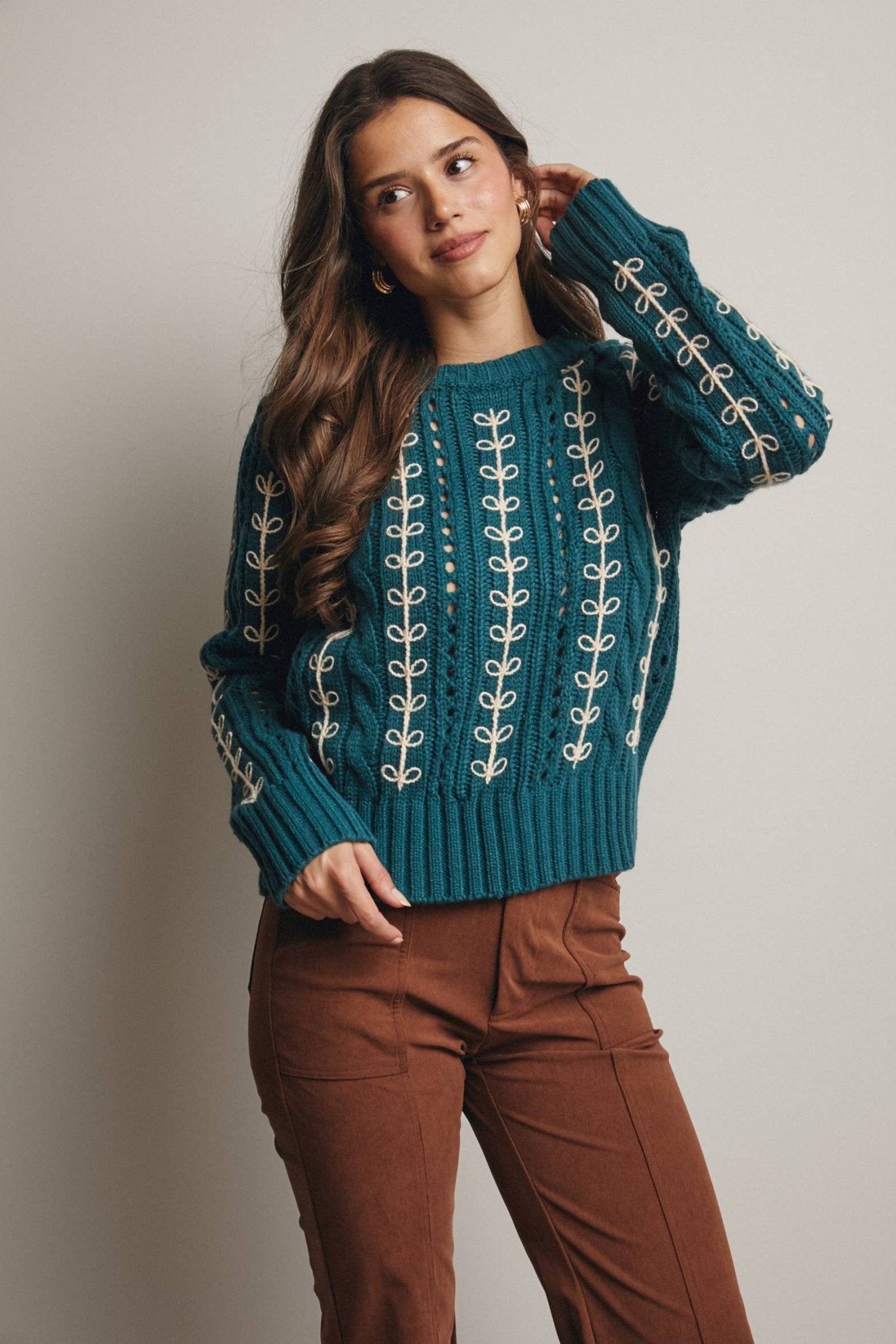 Emerald Green Embroidered Cable Knit Pullover - Purpose + Passion Boutique