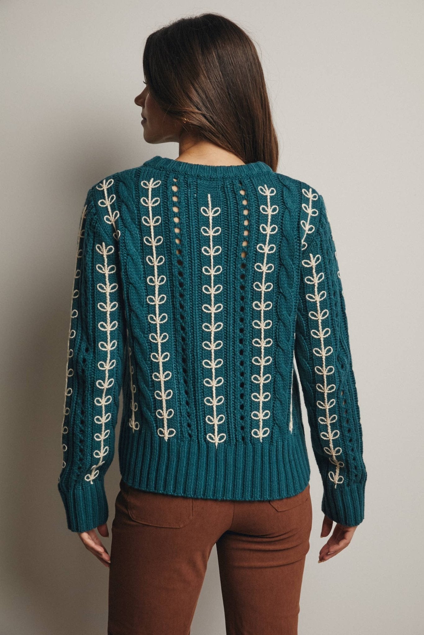 Emerald Green Embroidered Cable Knit Pullover - Purpose + Passion Boutique