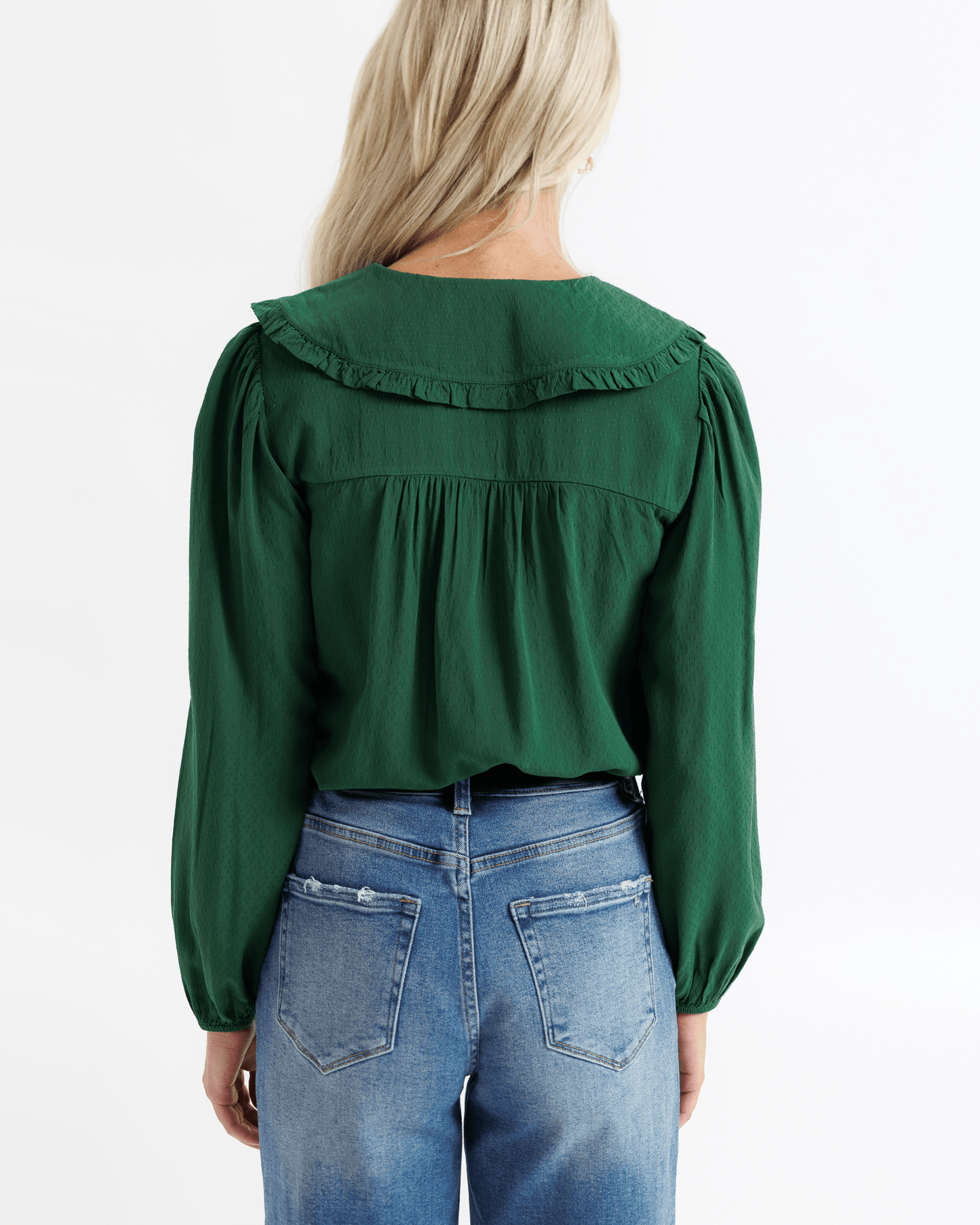 Emerald Green Peter Pan Collared Button Down Long Sleeve Top - Purpose + Passion Boutique