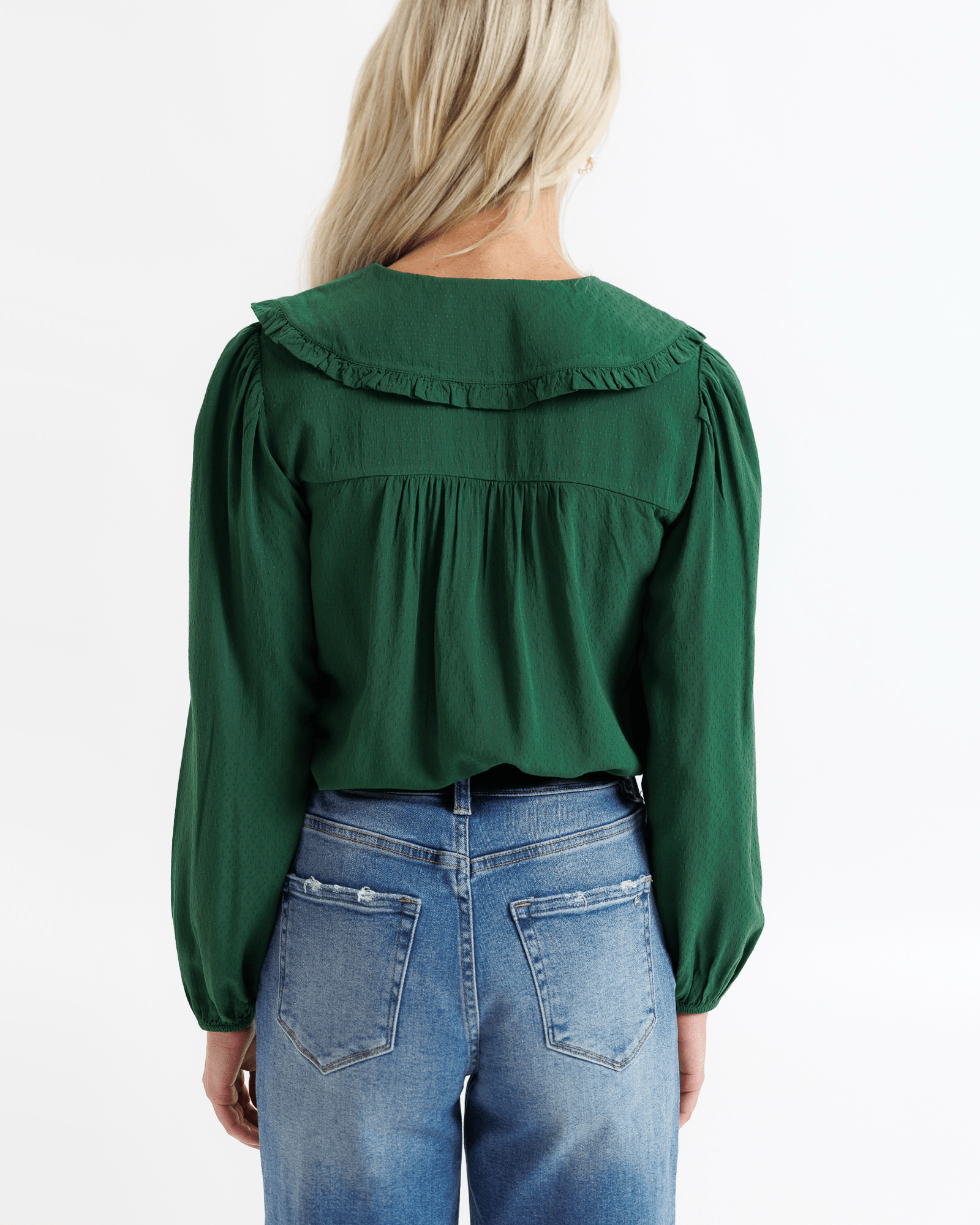 Emerald Green Peter Pan Collared Button Down Long Sleeve Top - Purpose + Passion Boutique