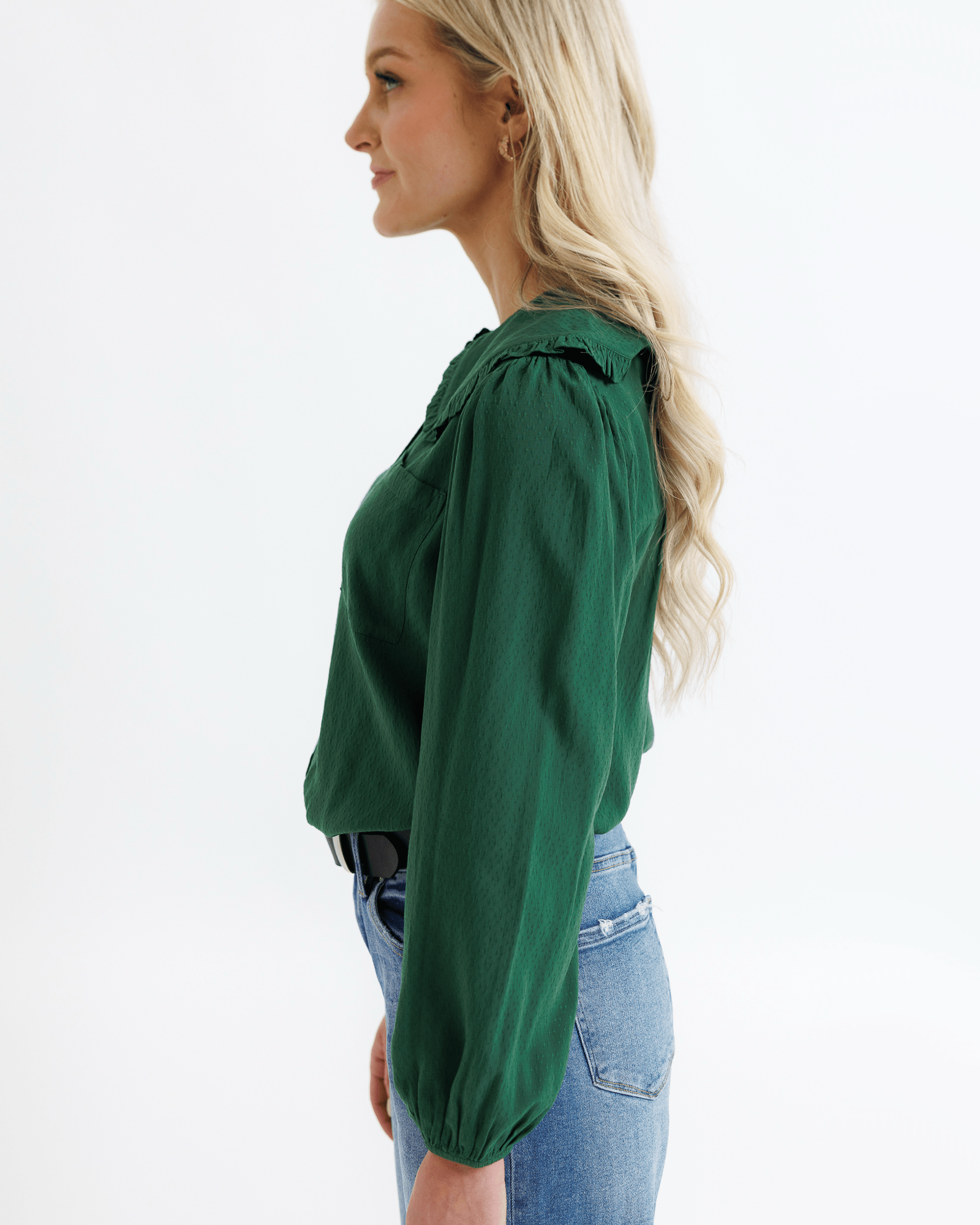Emerald Green Peter Pan Collared Button Down Long Sleeve Top - Purpose + Passion Boutique