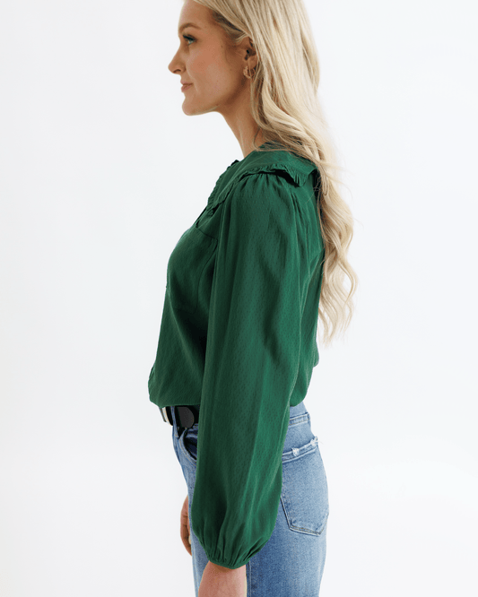 Emerald Green Peter Pan Collared Button Down Long Sleeve Top - Purpose + Passion Boutique