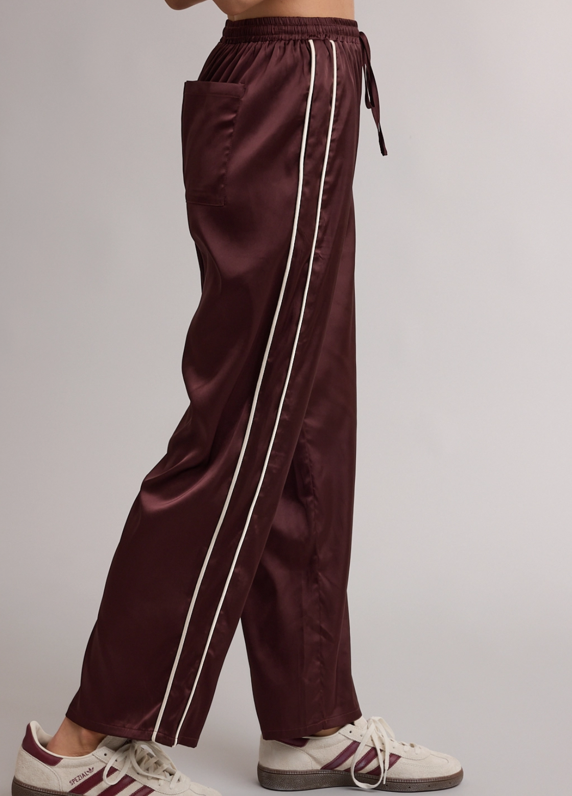 Espresso Contrast Piping Stripe Satin Pants
