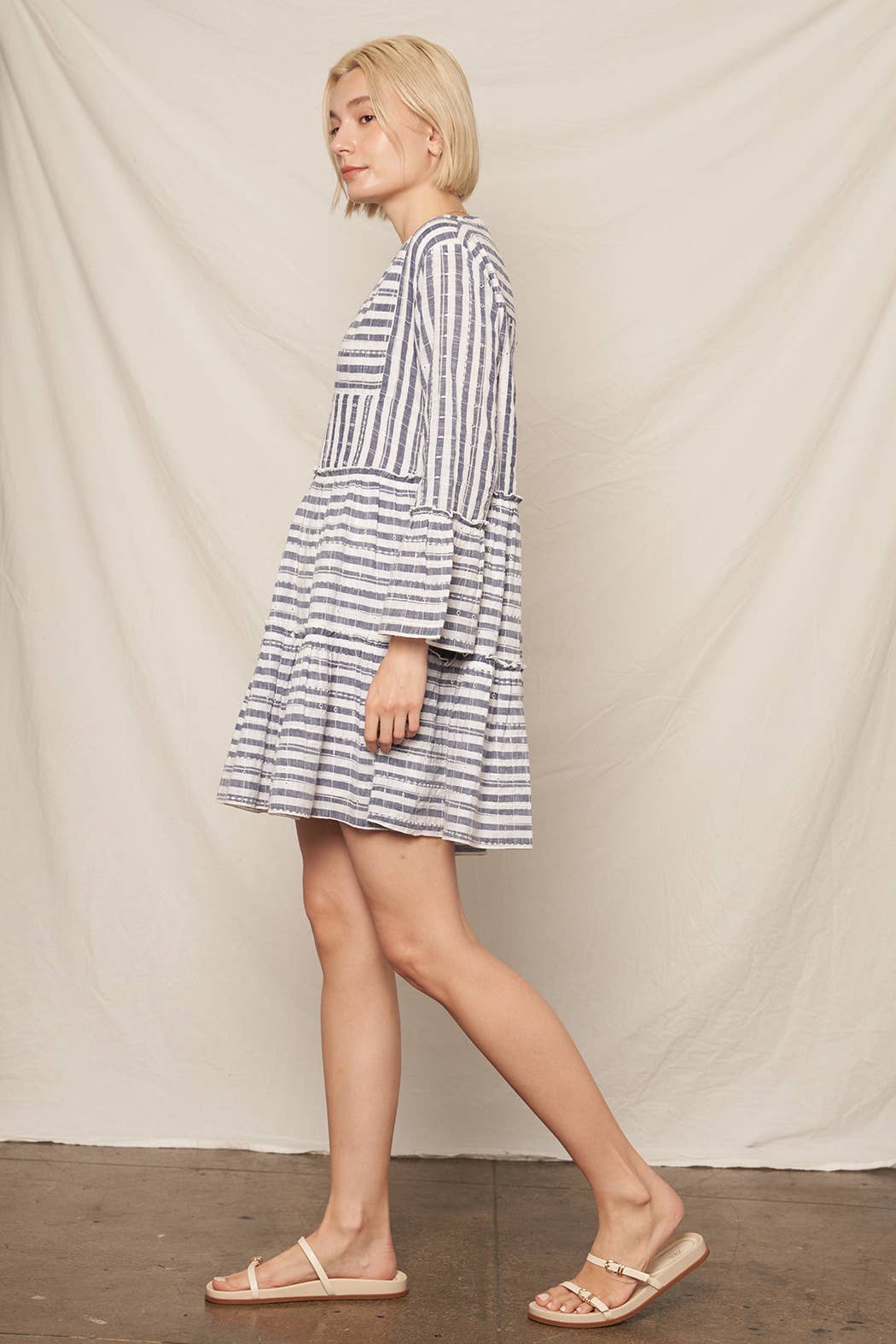 Navy Ivory 3/4 Sleeve V-Neck Striped Tiered Mini Dress