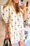 Beige Bowknot Bubble Sleeve V-Neck Mini Dress