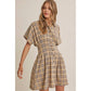 Biscuit Pleated Plaid Smocked Waist Mini Shirt Dress