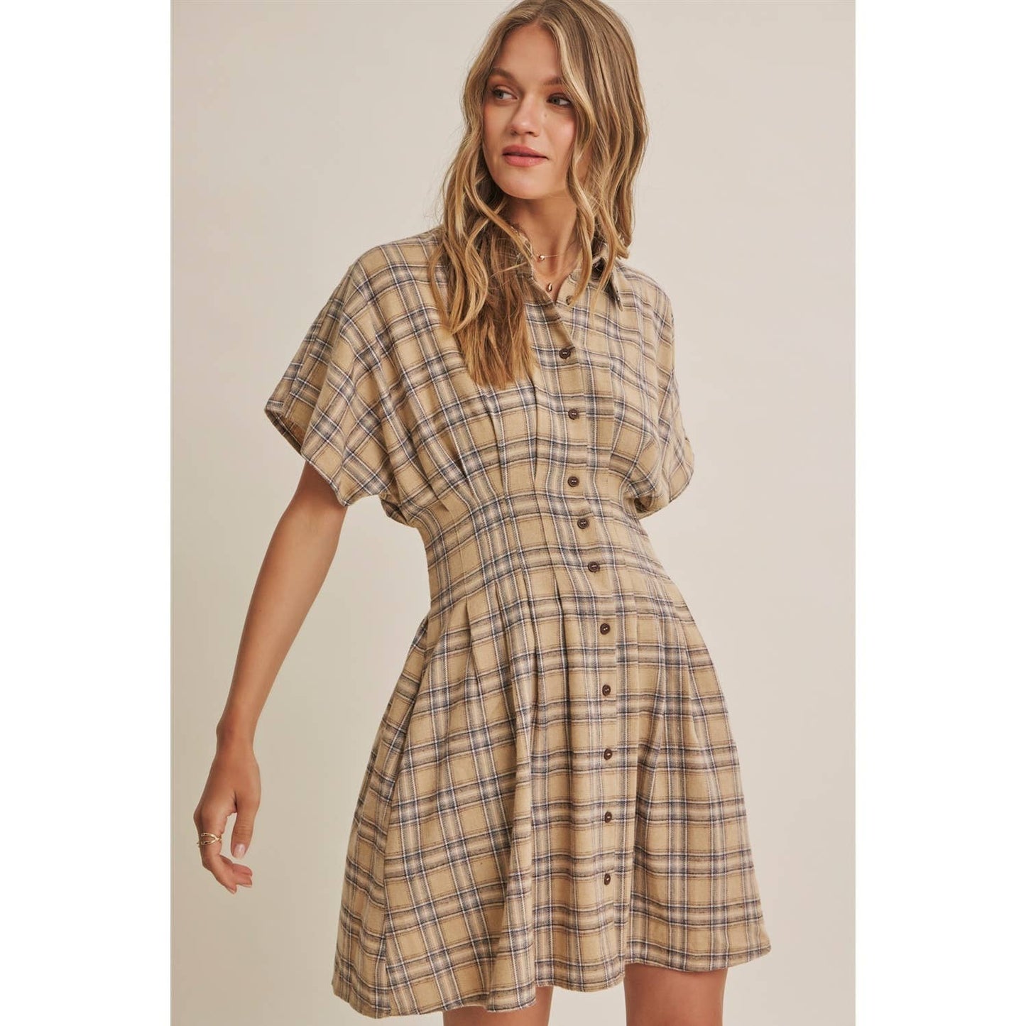 Biscuit Pleated Plaid Smocked Waist Mini Shirt Dress