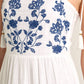 White & Blue Tie Shoulder Embroidered Dress