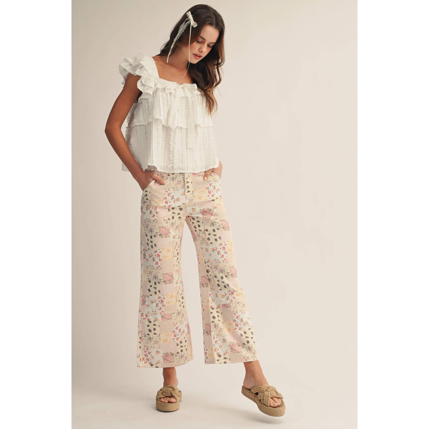 Vintage Pastel Floral Patchwork Wide Leg Pants