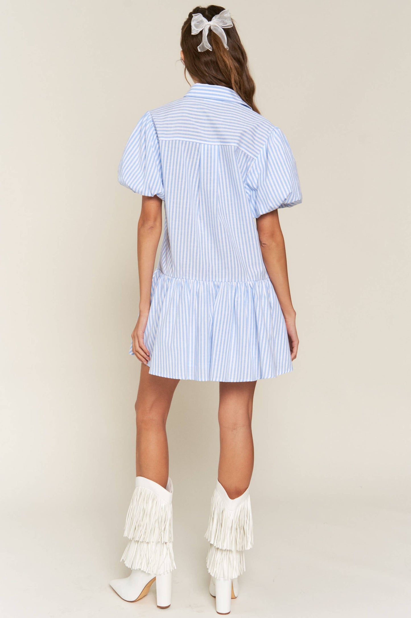 Blue Striped Mini Puff Sleeve Dress