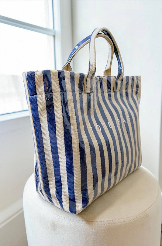 Blue and Beige Striped Tote Bag