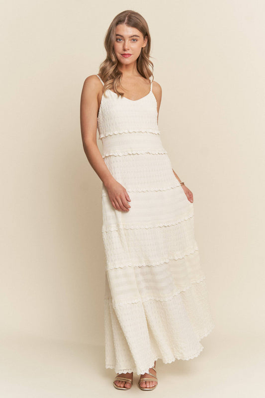 Tiered Lace Trim Cream Slip On Maxi Dress