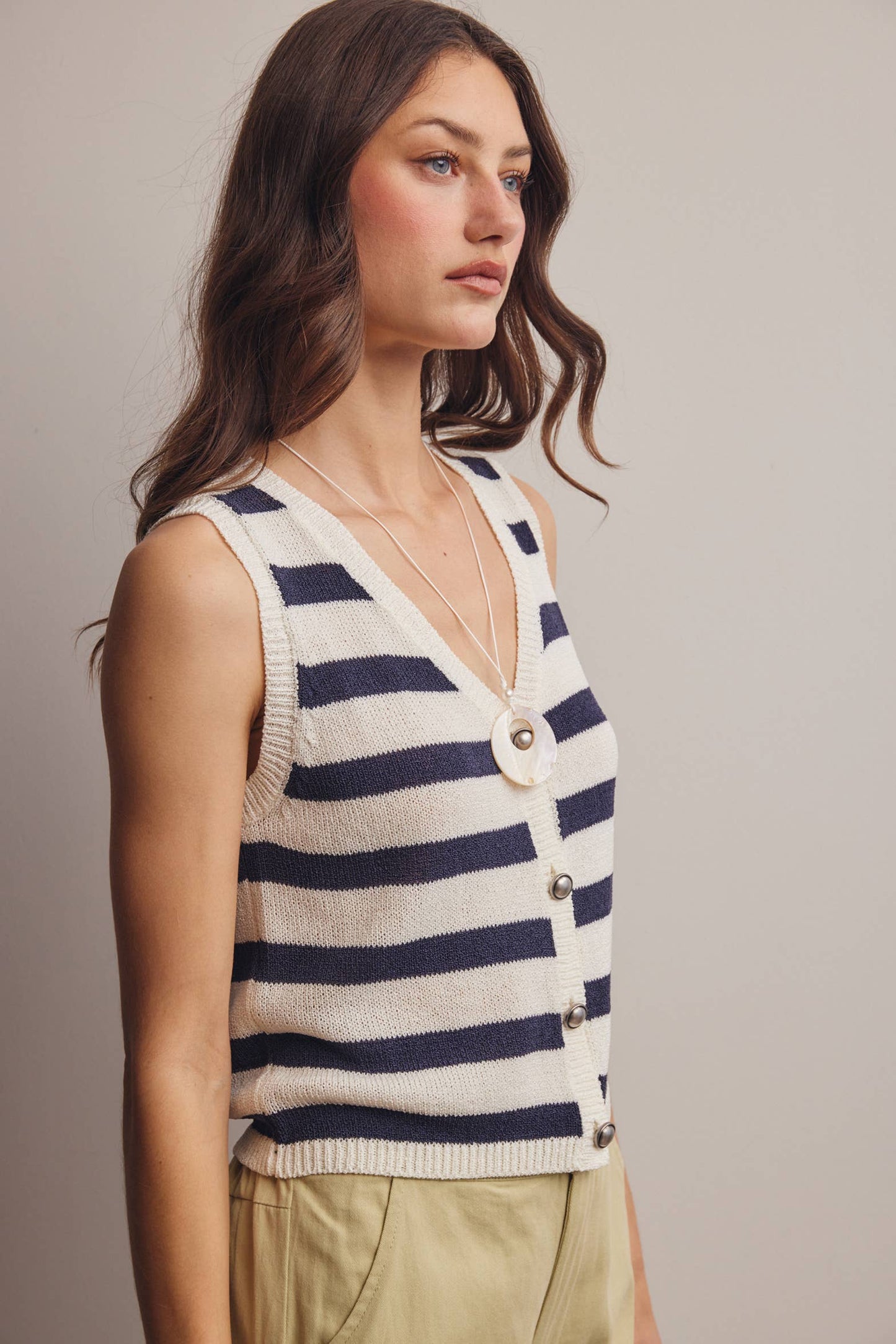 Striped Navy Button-Front Knit Vest Top