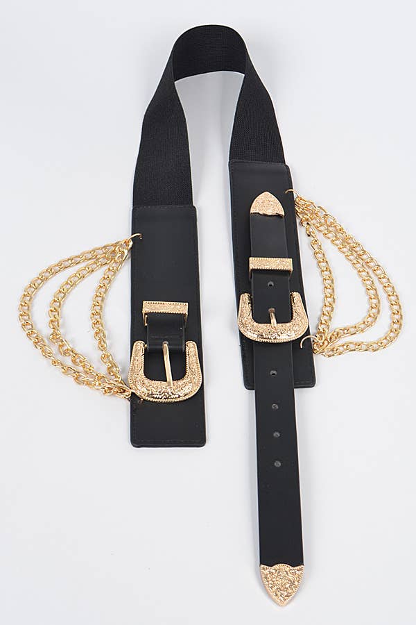 Double Buckle Black & Gold Belt With Chains