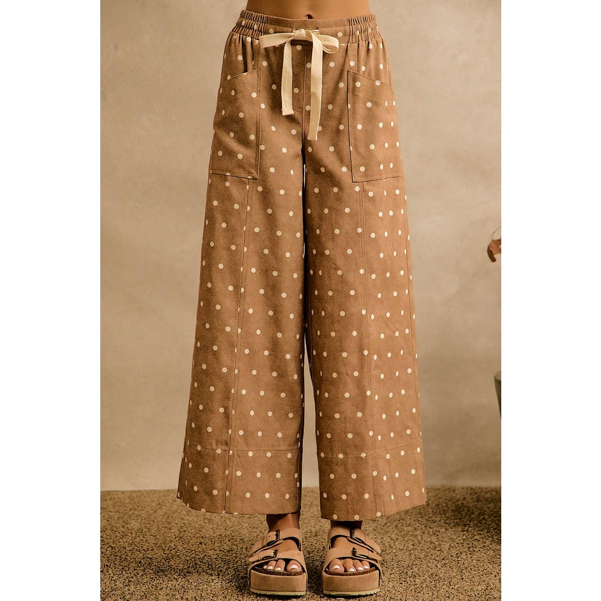 Camel/Ivory Polka Dot Wide Leg Pants