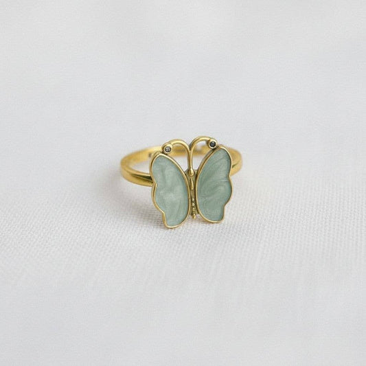 Vintage Gold Tone Butterfly Enamel Adjustable Ring