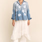 Washed Denim Flower Embroider Button Front Shirt