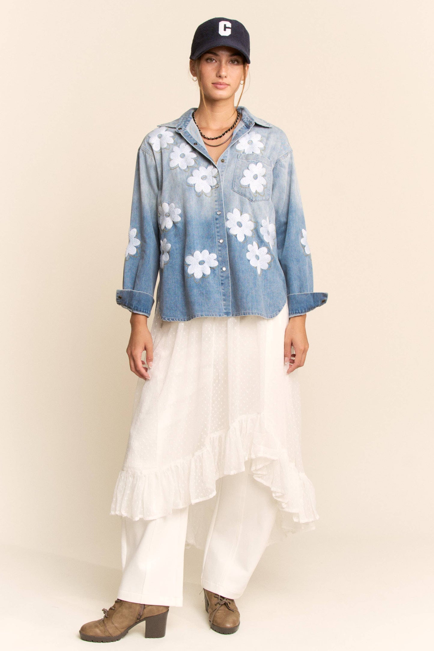Washed Denim Flower Embroider Button Front Shirt