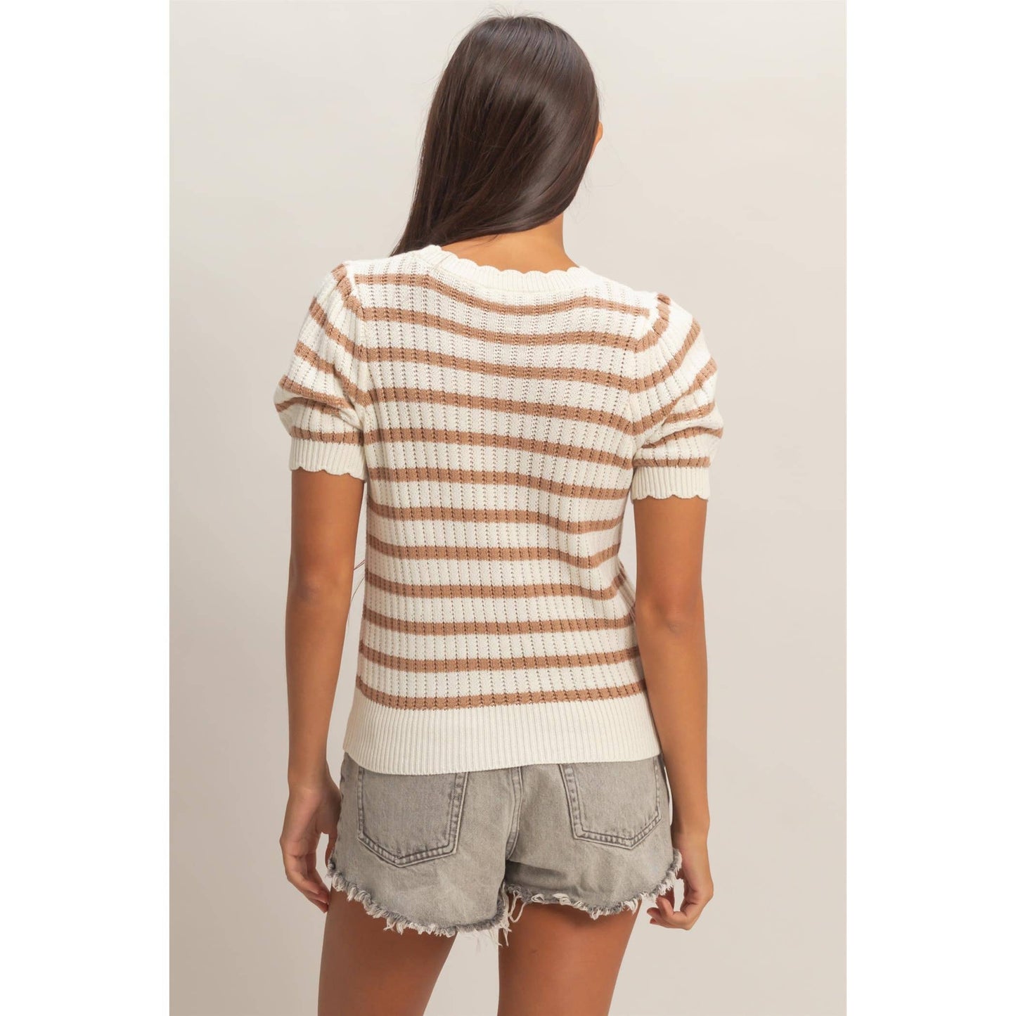 Striped Scallop Edge Taupe Puff Sleeve Knit Top