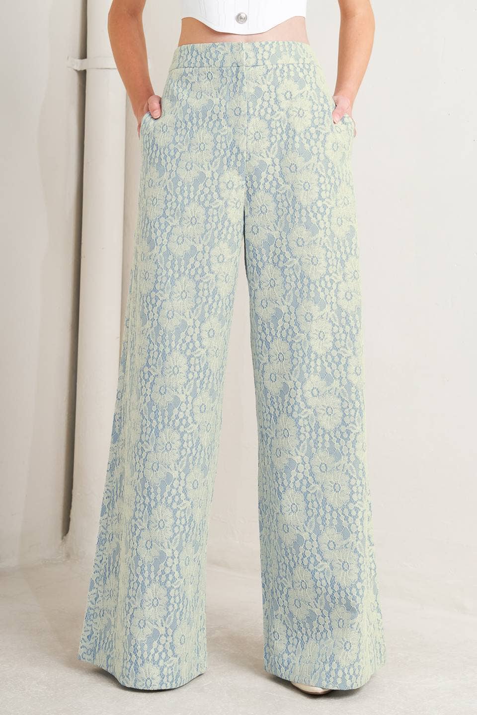 Cream & Ligh Blue Bonded Lace Pant