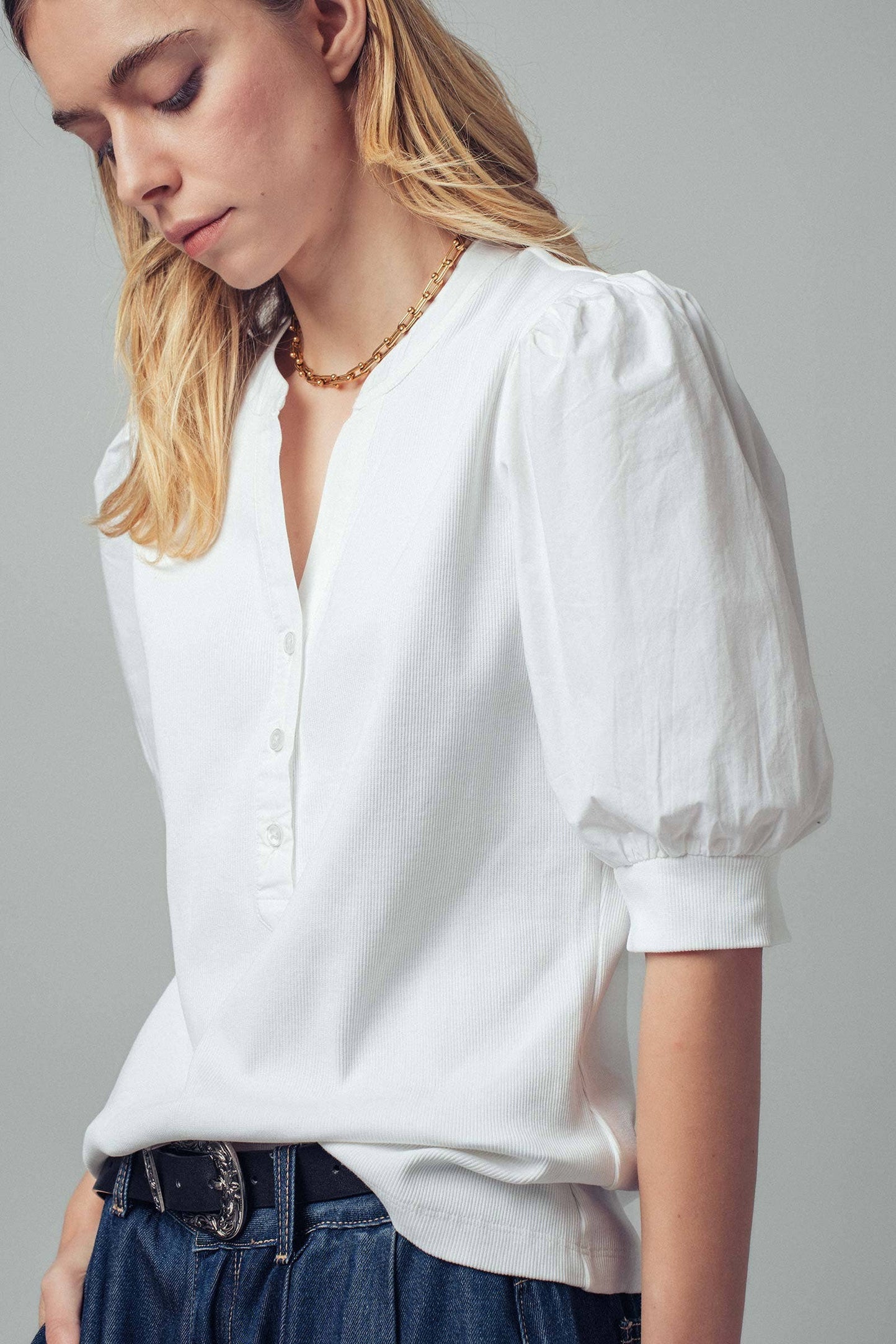 Ivory Puff Sleeve Henley Top
