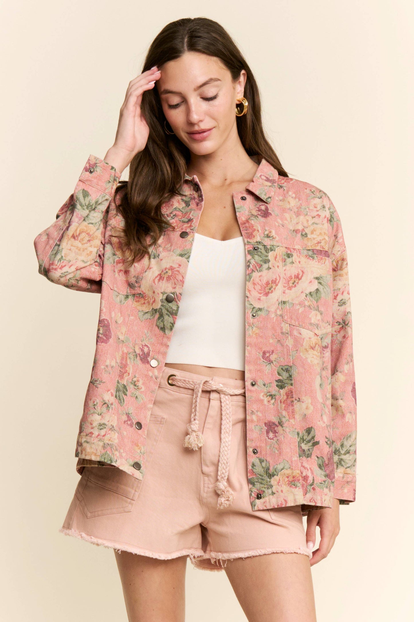 Pink Floral Print Denim Shacket