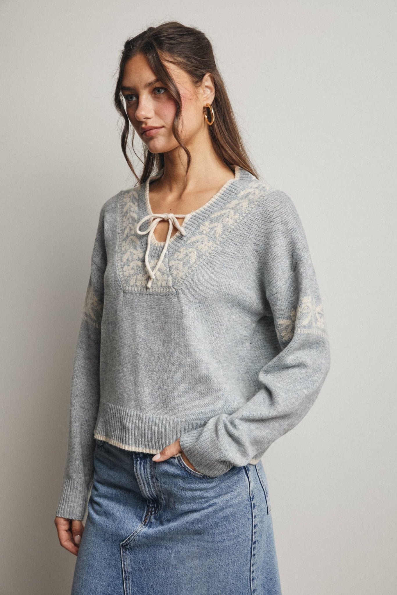Fair Isle Tie - Neck Stone Blue Sweater - Purpose + Passion Boutique