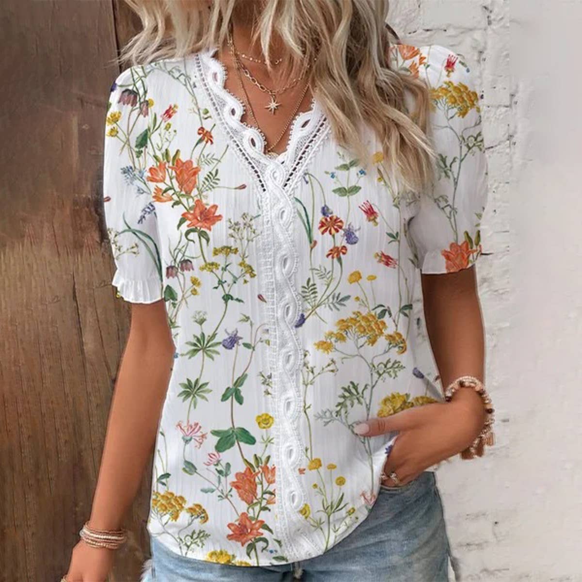 Fall Floral V - Neck Lace Patchwork Blouse - Purpose + Passion Boutique