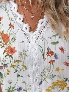 Fall Floral V - Neck Lace Patchwork Blouse - Purpose + Passion Boutique