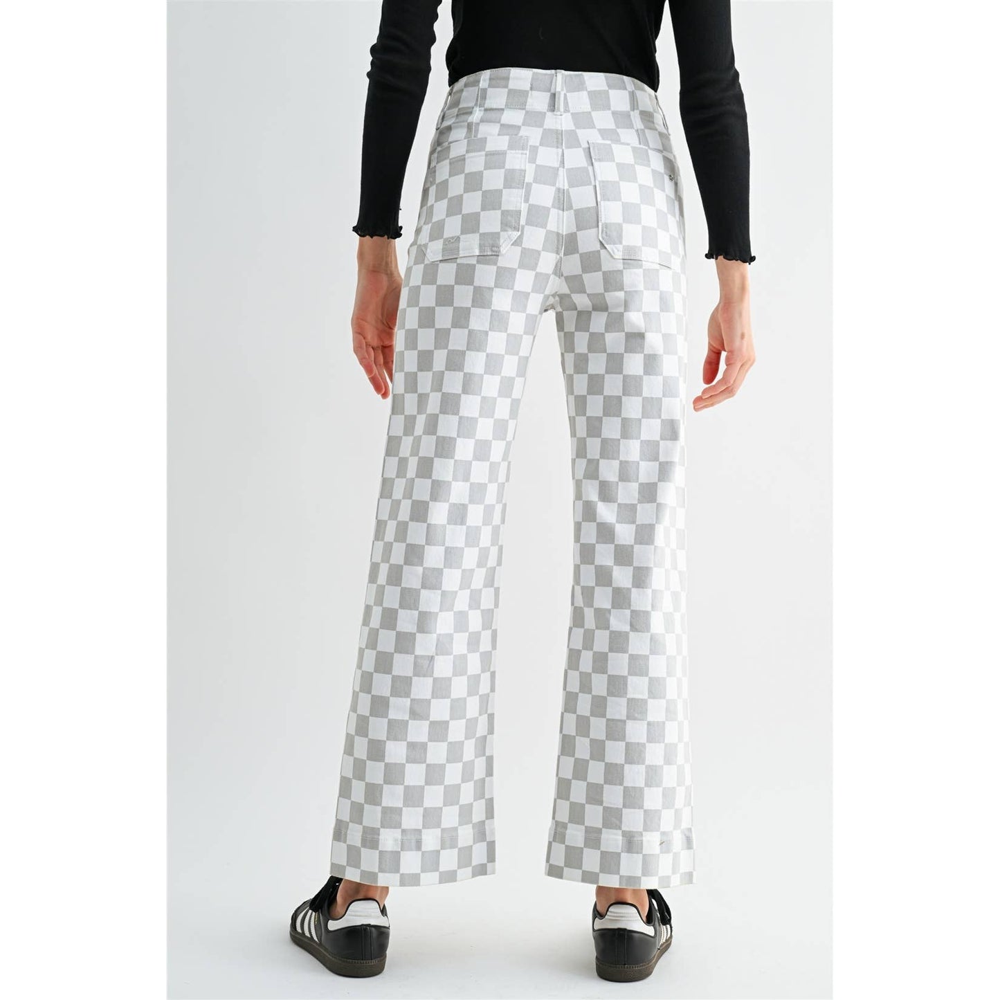 Grey Chess Print High Rise Wide Leg Ankle Pants