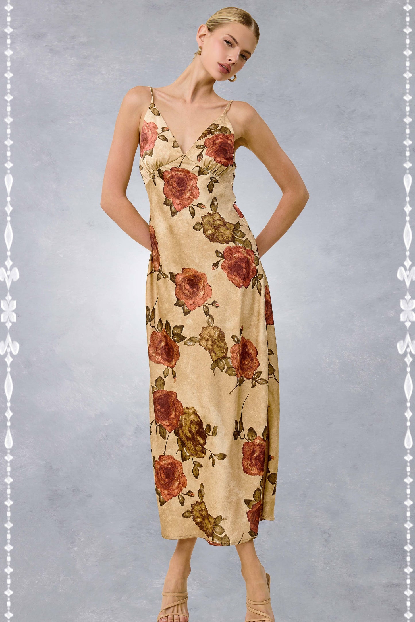 Fall Floral Satin Midi Slip V-Neckline Dress