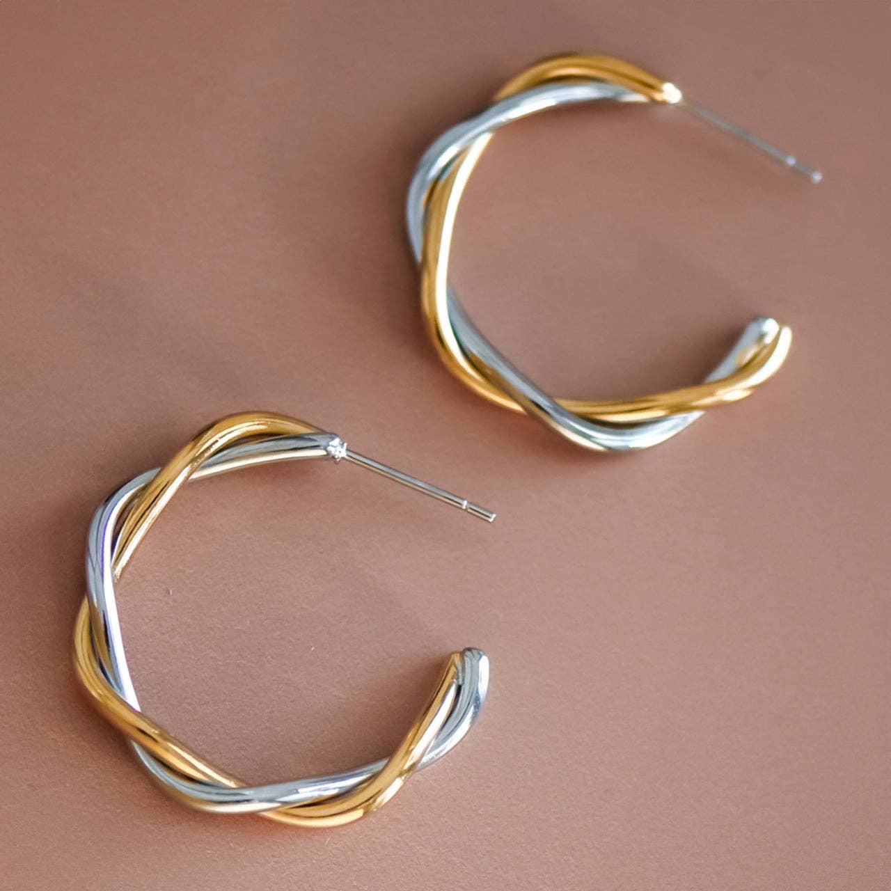 18K Gold Plated Two-Tone Waterproof Stainless Steel Hoop Earrings