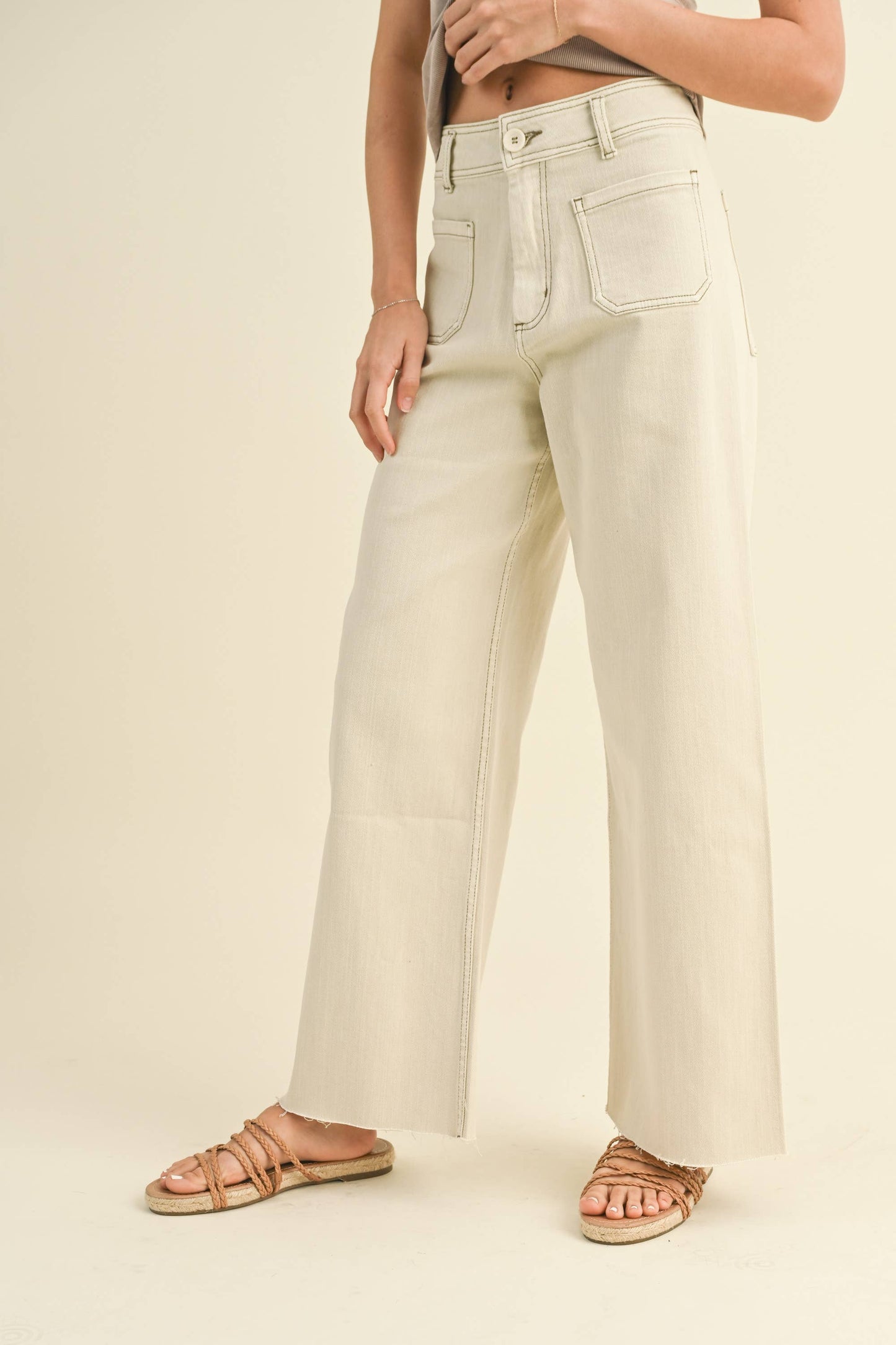 Washed Beige Straight Wide Leg Pants