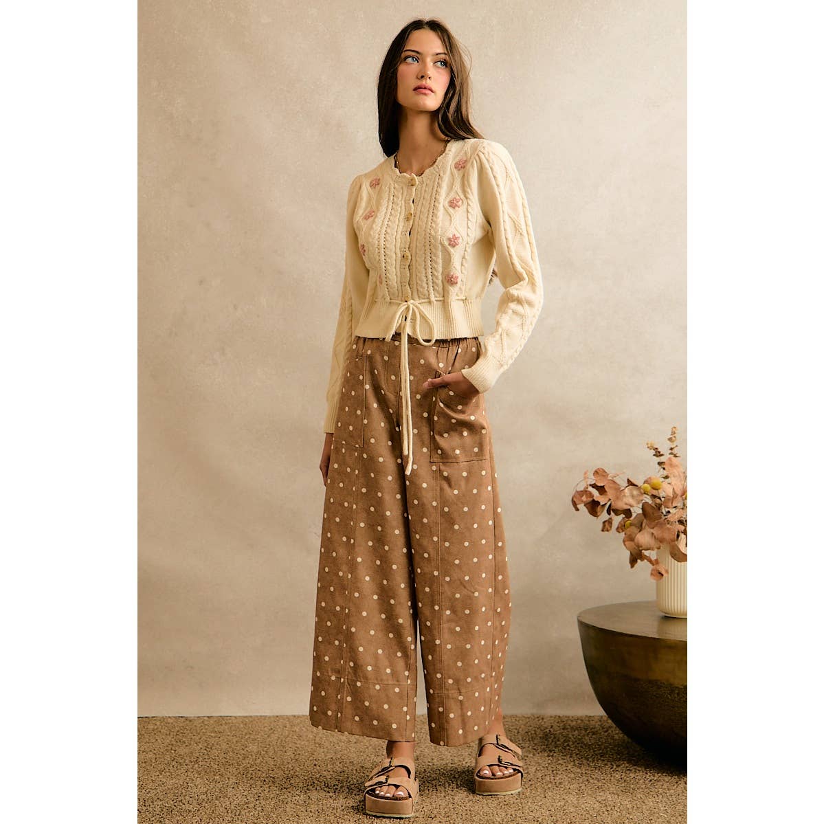 Camel/Ivory Polka Dot Wide Leg Pants