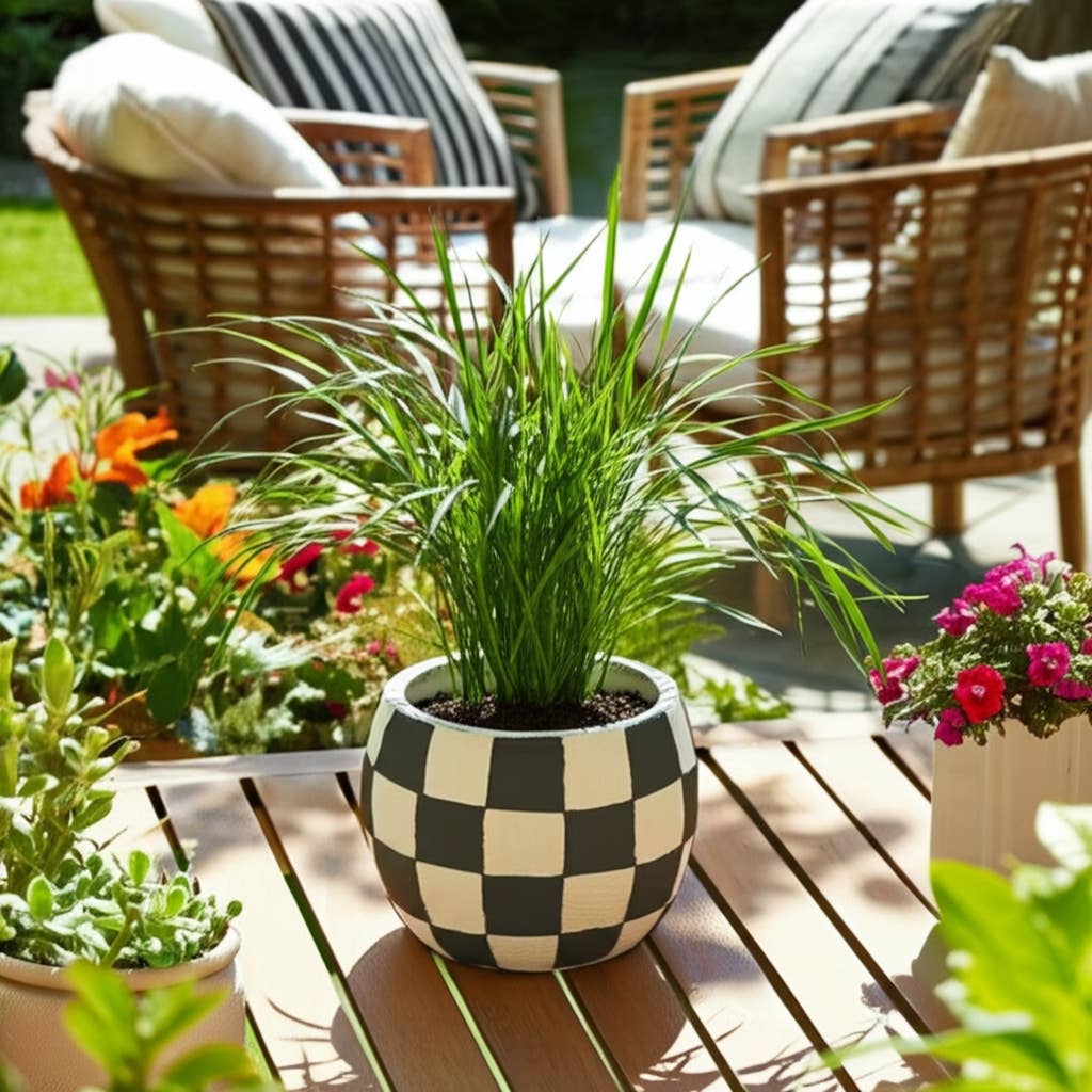 Black/White Pottery Checkerboard Rounded Planter (7 in.)