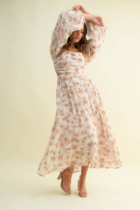 Floral Beige Square Neck Maxi Dress - Purpose + Passion Boutique