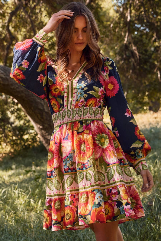 Floral Border Printed Mini Dress - Purpose + Passion Boutique