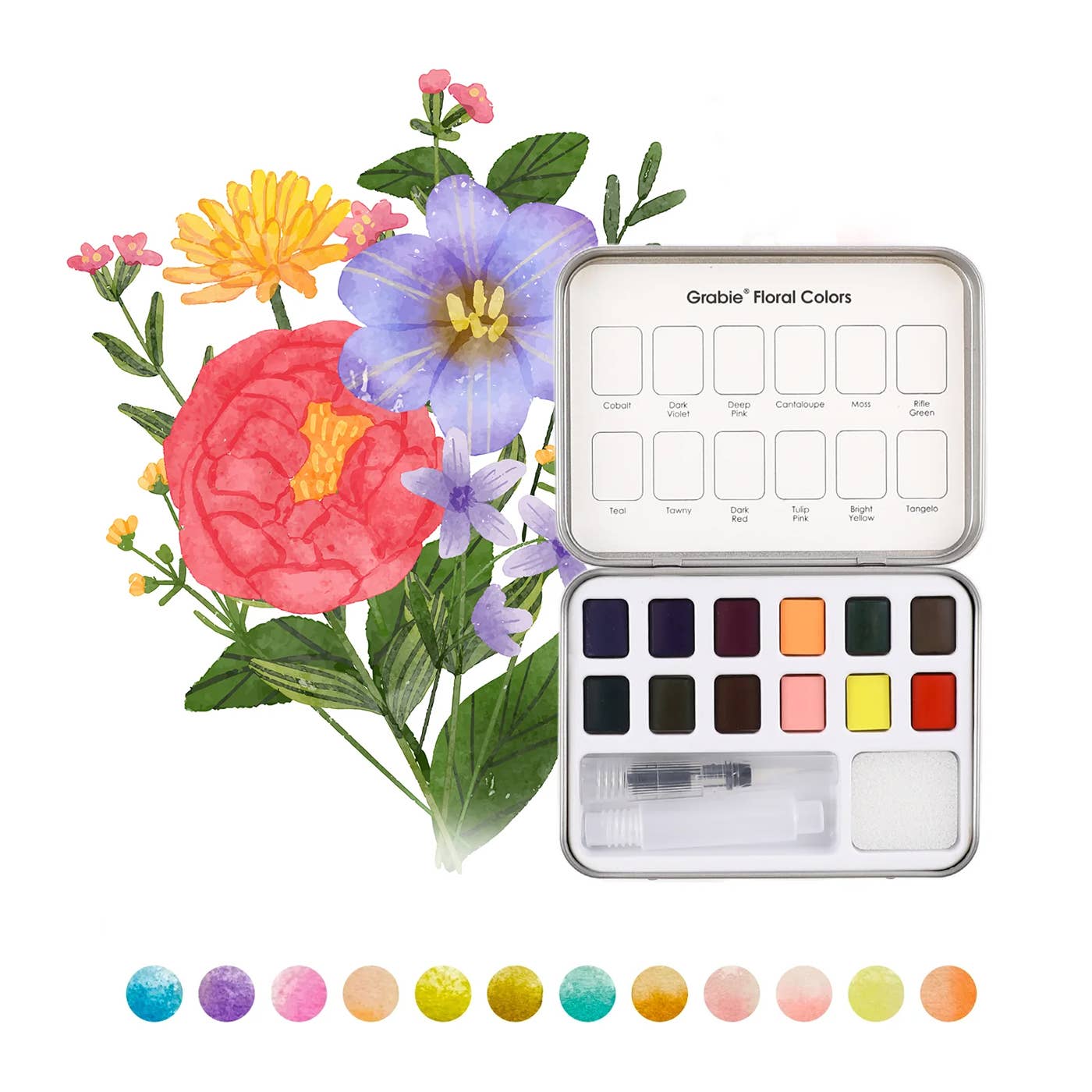 Floral Colors Watercolor Pocket Set Of 12 Paints + Brush - Purpose + Passion Boutique